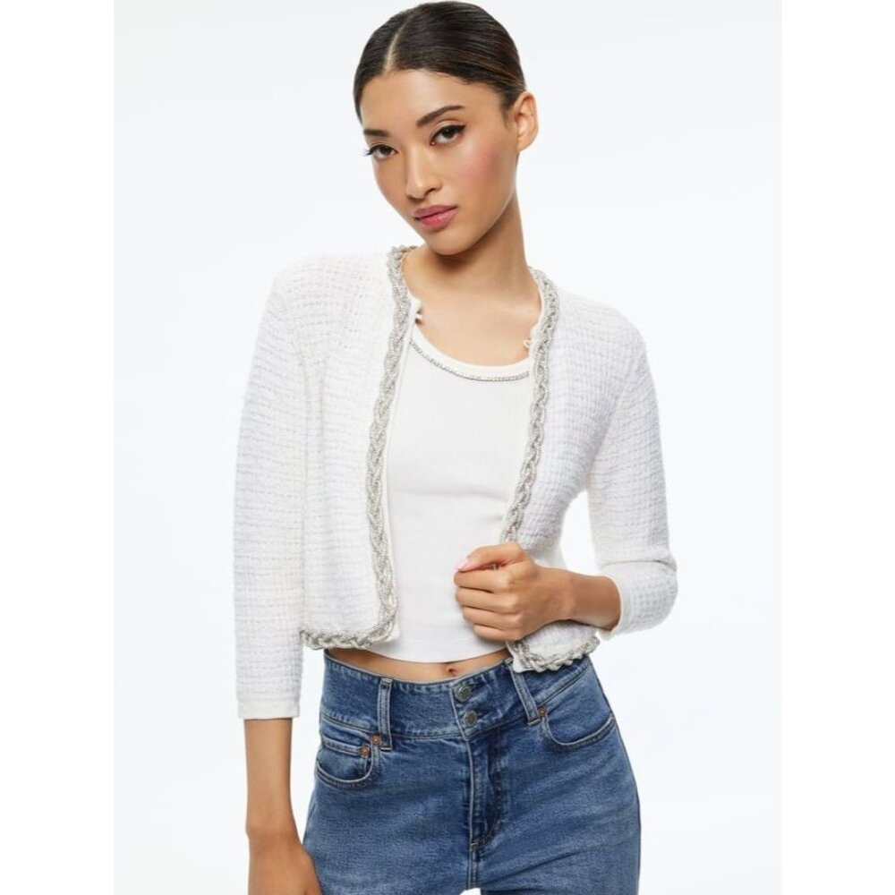 Alice + Olivia Akira Soft White Embellished Wool Blend Cardigan Medium